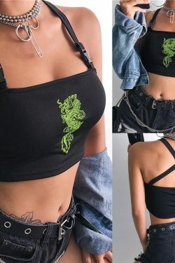 Y2K Grunge Dragon Crop Tank Top - 90s Retro Summer Outfit, Pastel Goth, Hip Hop Fashion