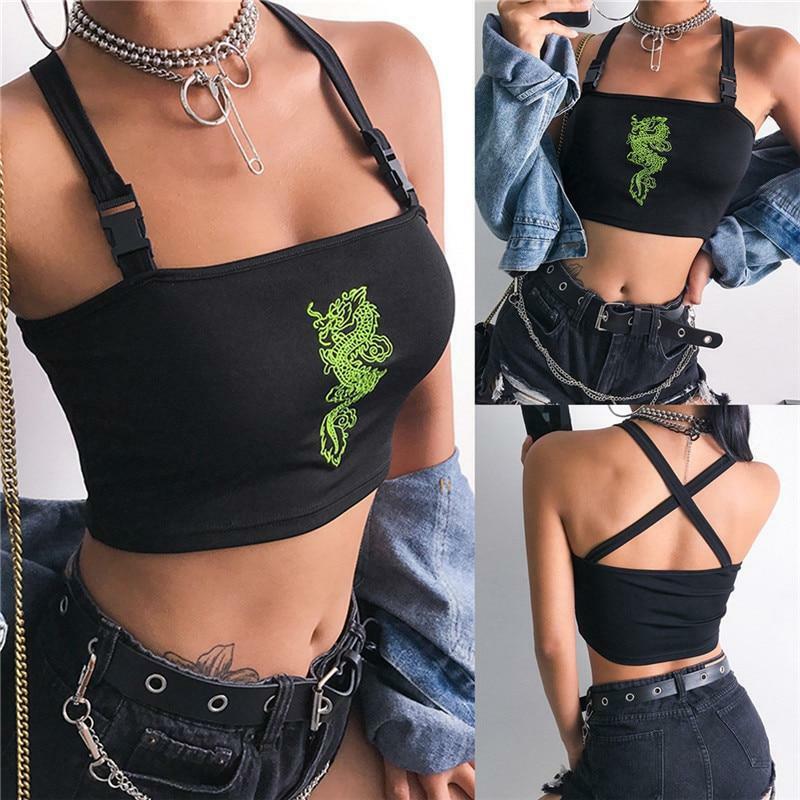 Y2K Grunge Dragon Crop Tank Top - 90s Retro Summer Outfit, Pastel Goth, Hip Hop Fashion
