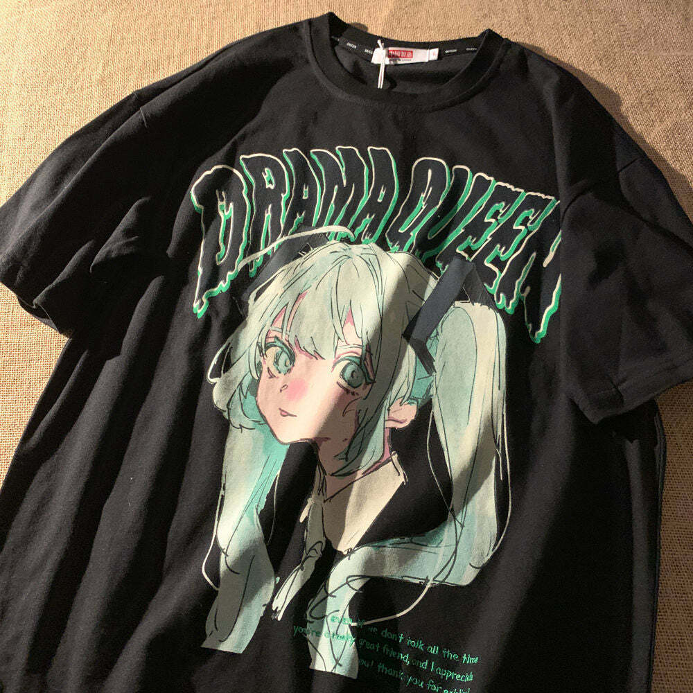 Y2K Grunge E-Girl Anime Tee - Drama Queen | 90s Retro Summer Outfit