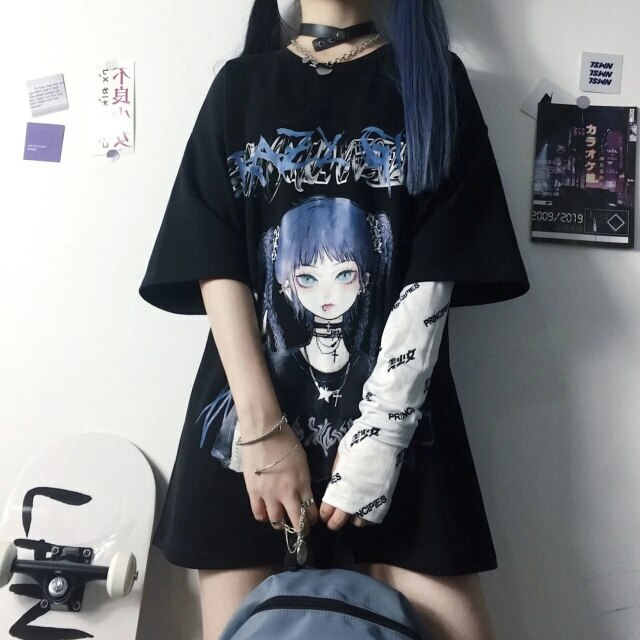Y2K Grunge E-Girl Anime Tee - Harajuku Style Retro 90s Fashion Top for Summer Outfits