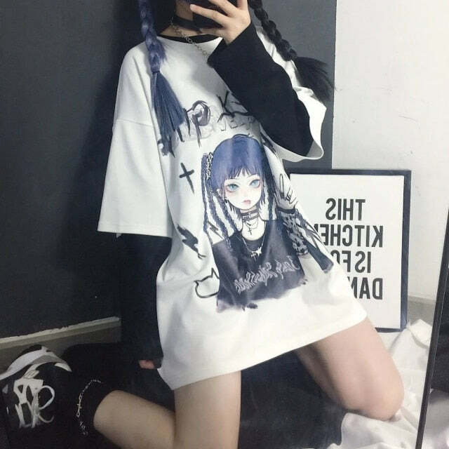 Y2K Grunge E-Girl Anime Tee - Harajuku Style Retro 90s Fashion Top for Summer Outfits