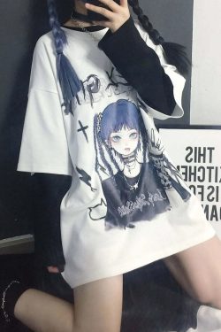 Y2K Grunge E-Girl Anime Tee - Harajuku Style Retro 90s Fashion Top for Summer Outfits