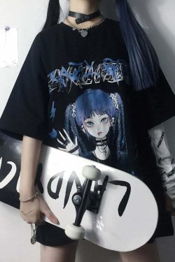 Y2K Grunge E-Girl Anime Tee - Harajuku Style Retro 90s Fashion Top for Summer Outfits