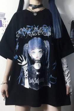 Y2K Grunge E-Girl Anime Tee - Harajuku Style Retro 90s Fashion Top for Summer Outfits