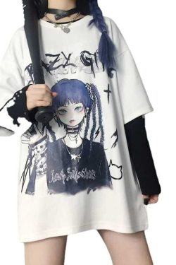 Y2K Grunge E-Girl Anime Tee - Harajuku Style Retro 90s Fashion Top for Summer Outfits