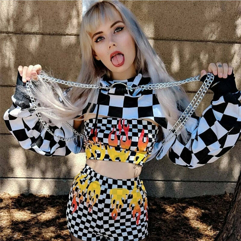 Y2K Grunge E-Girl Checker Hoodie Chain Crop Top - 90s Retro Summer Party Outfit