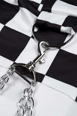 Y2K Grunge E-Girl Checker Hoodie Chain Crop Top - 90s Retro Summer Party Outfit