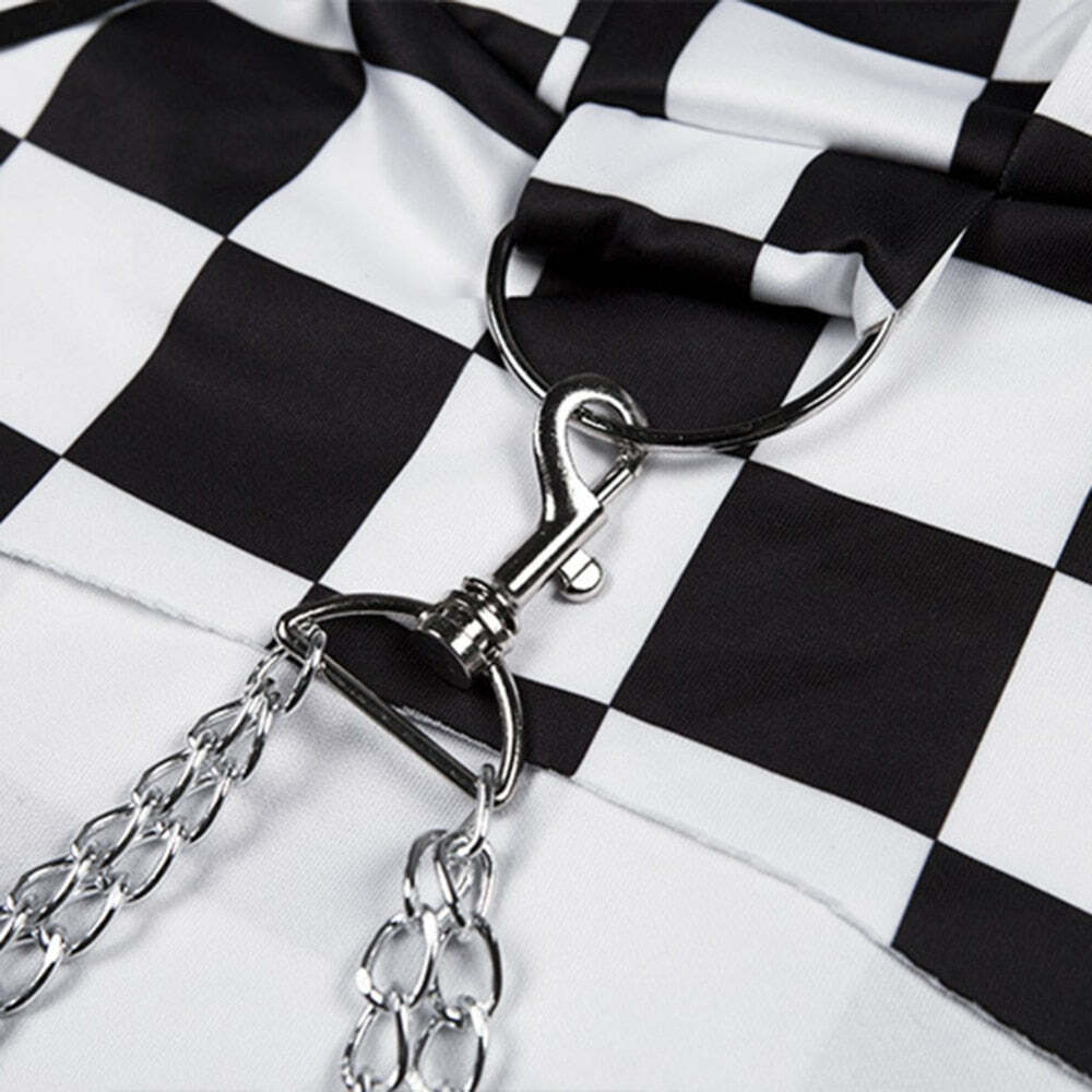 Y2K Grunge E-Girl Checker Hoodie Chain Crop Top - 90s Retro Summer Party Outfit