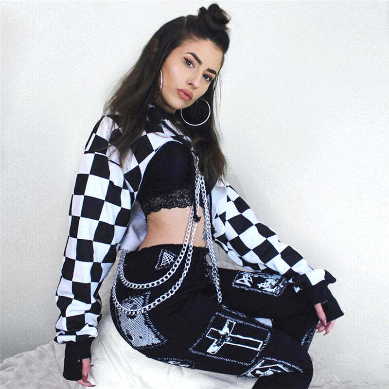 Y2K Grunge E-Girl Checker Hoodie Chain Crop Top - 90s Retro Summer Party Outfit