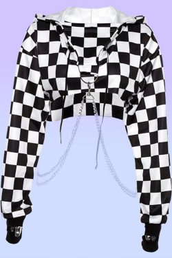 Y2K Grunge E-Girl Checker Hoodie Chain Crop Top - 90s Retro Summer Party Outfit