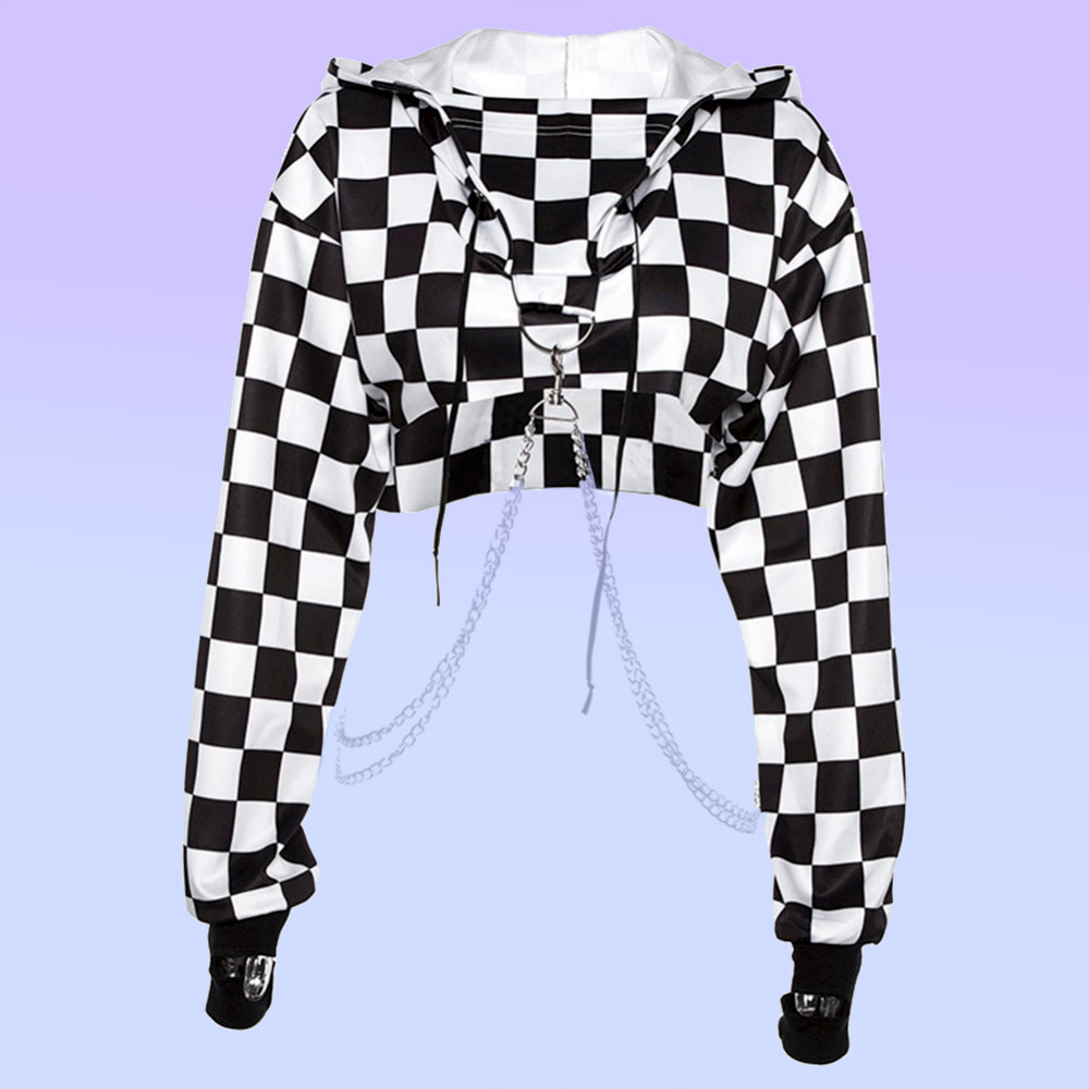 Y2K Grunge E-Girl Checker Hoodie Chain Crop Top - 90s Retro Summer Party Outfit