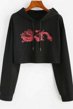 Y2K Grunge E-Girl Dragon Hoodie Crop Top - Black Retro 90s Fashion, Y2K Summer Outfits