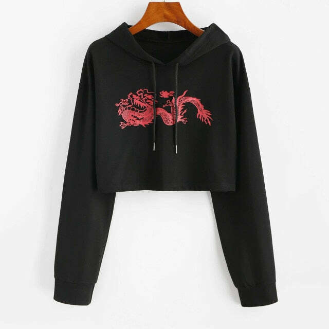 Y2K Grunge E-Girl Dragon Hoodie Crop Top - Black Retro 90s Fashion, Y2K Summer Outfits