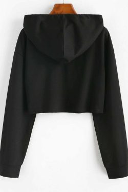 Y2K Grunge E-Girl Dragon Hoodie Crop Top - Black Retro 90s Fashion, Y2K Summer Outfits
