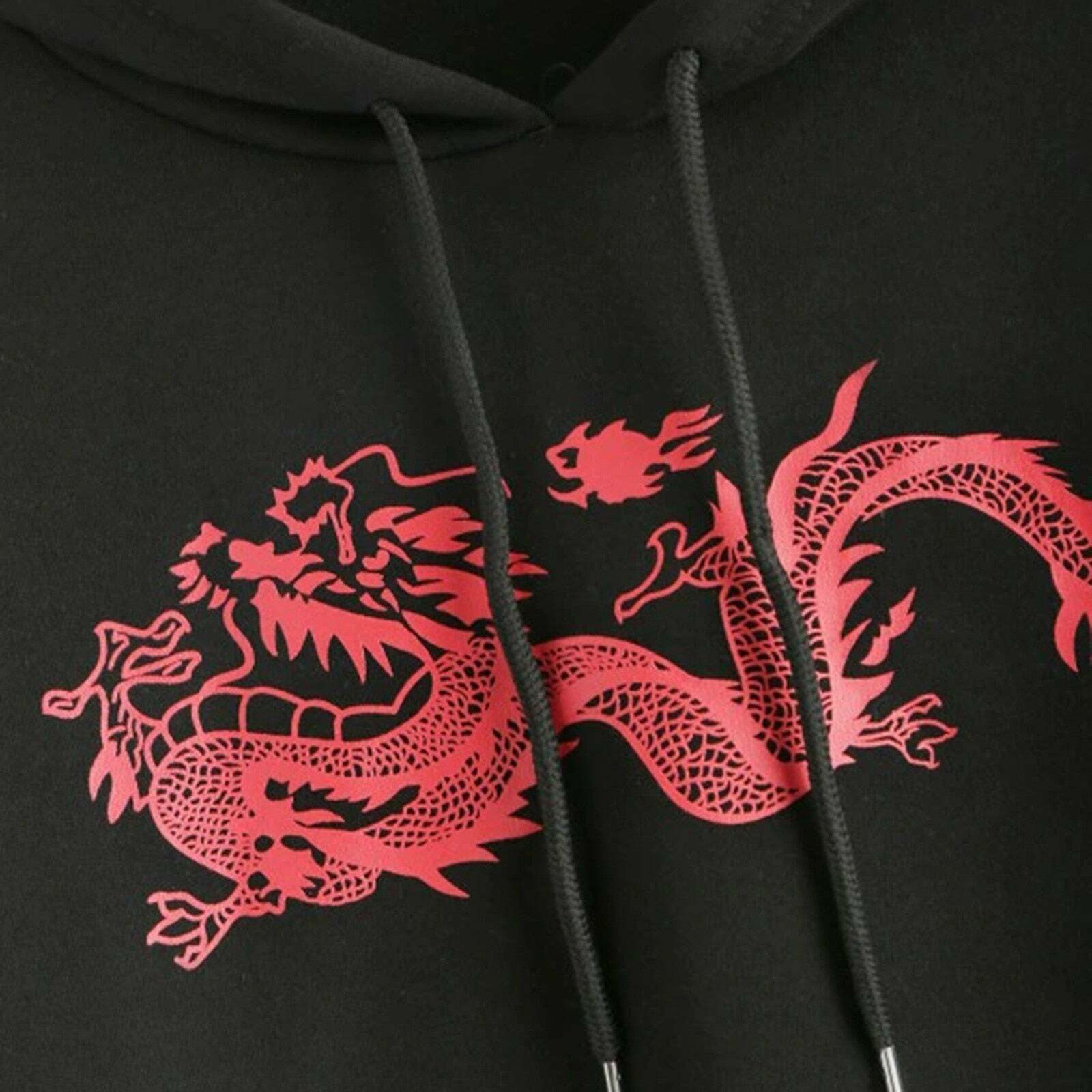 Y2K Grunge E-Girl Dragon Hoodie Crop Top - Black Retro 90s Fashion, Y2K Summer Outfits