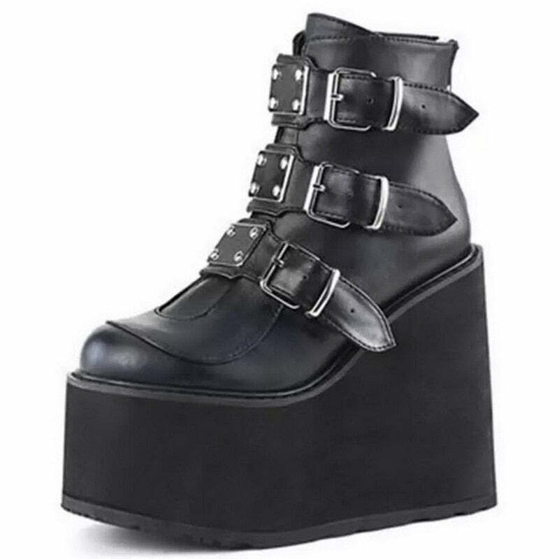 Y2K Grunge E-Girl Goth Platform Boots with 3 Buckles - Retro 90s Fashion Statement Shoes