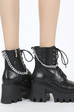 Y2K Grunge E-Girl Motorcycle Platform Boots with Chain - Retro 90s Fashion, Gothic Style