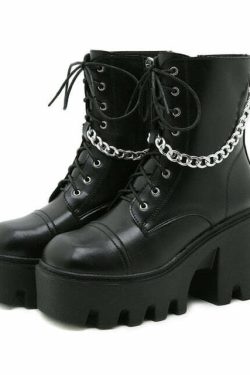 Y2K Grunge E-Girl Motorcycle Platform Boots with Chain - Retro 90s Fashion, Gothic Style