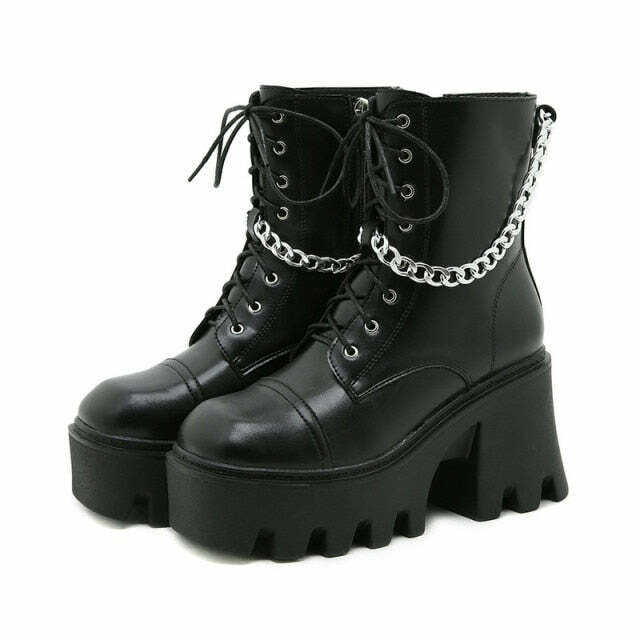 Y2K Grunge E-Girl Motorcycle Platform Boots with Chain - Retro 90s Fashion, Gothic Style