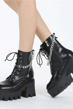 Y2K Grunge E-Girl Motorcycle Platform Boots with Chain - Retro 90s Fashion, Gothic Style