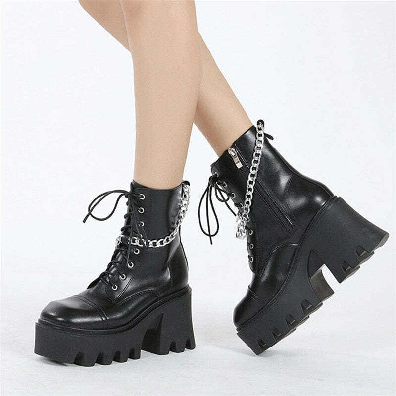 Y2K Grunge E-Girl Motorcycle Platform Boots with Chain - Retro 90s Fashion, Gothic Style