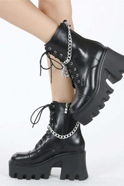Y2K Grunge E-Girl Motorcycle Platform Boots with Chain - Retro 90s Fashion, Gothic Style