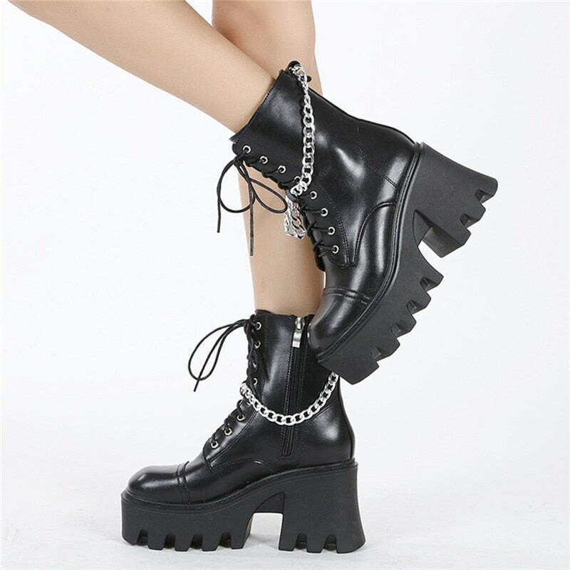 Y2K Grunge E-Girl Motorcycle Platform Boots with Chain - Retro 90s Fashion, Gothic Style