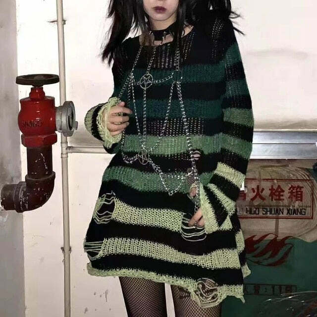 Y2K Grunge Egirl Long Striped Sweater - Green Gradient, 90s Retro Punk Dark Fashion