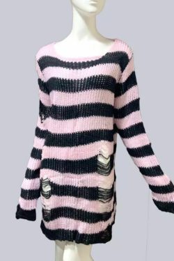 Y2K Grunge Egirl Long Striped Sweater - Green Gradient, 90s Retro Punk Dark Fashion