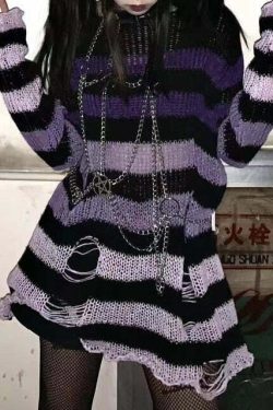 Y2K Grunge Egirl Long Striped Sweater - Purple Gradient, 90s Retro Punk Fashion