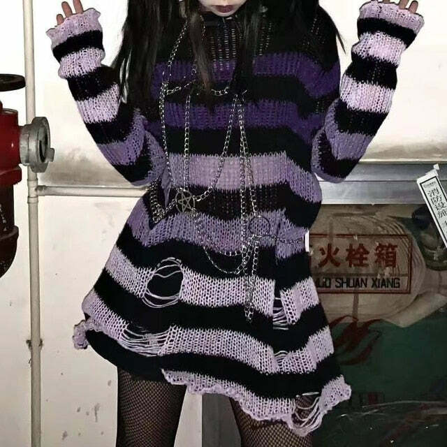 Y2K Grunge Egirl Long Striped Sweater - Purple Gradient, 90s Retro Punk Fashion