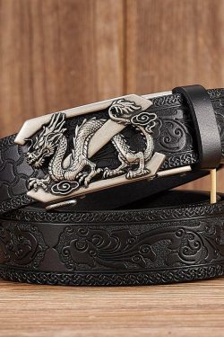 Y2K Grunge Embossed Z Dragon Pendant Leather Belt - Retro 90s Fashion & Gothic Y2K Style