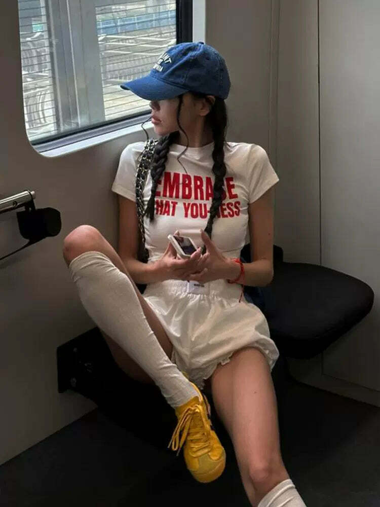 Y2K Grunge Embrace Letter Print T-Shirt - Retro 90s Summer Outfit, Baby Tees, Y2K Fashion