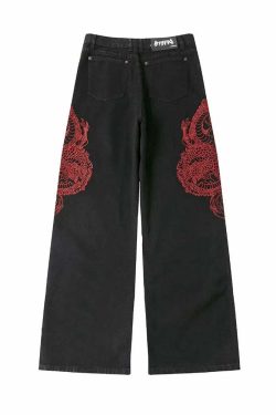 Y2K Grunge Embroidered Dragon Denim Jeans - 90s Retro Style, Y2K Fashion, Summer Outfits
