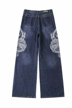 Y2K Grunge Embroidered Dragon Denim Jeans - 90s Retro Style, Y2K Fashion, Summer Outfits