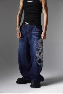 Y2K Grunge Embroidered Dragon Denim Jeans - Retro 90s Fashion, Summer Y2K Outfits