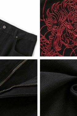 Y2K Grunge Embroidered Dragon Denim Jeans - Retro 90s Fashion, Summer Y2K Outfits