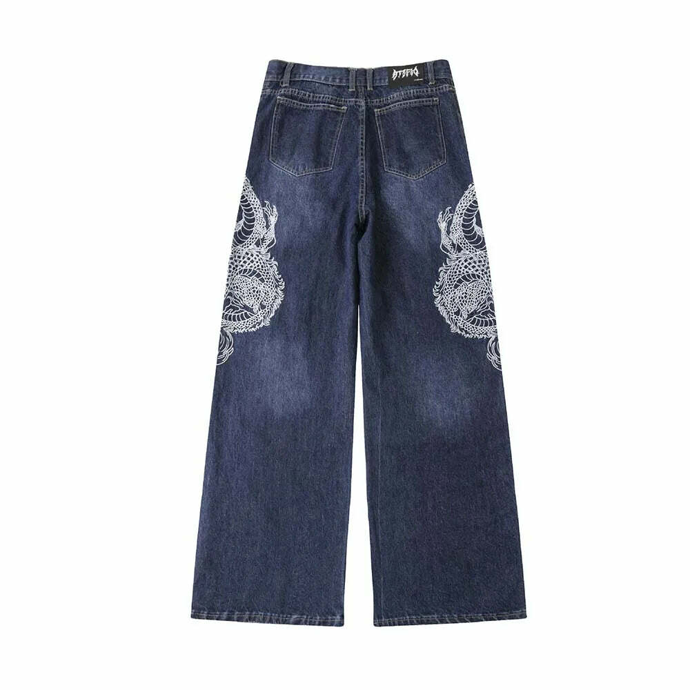 Y2K Grunge Embroidered Dragon Denim Jeans - Retro 90s Fashion, Summer Y2K Outfits