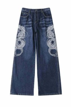 Y2K Grunge Embroidered Dragon Denim Jeans - Retro 90s Fashion, Summer Y2K Outfits
