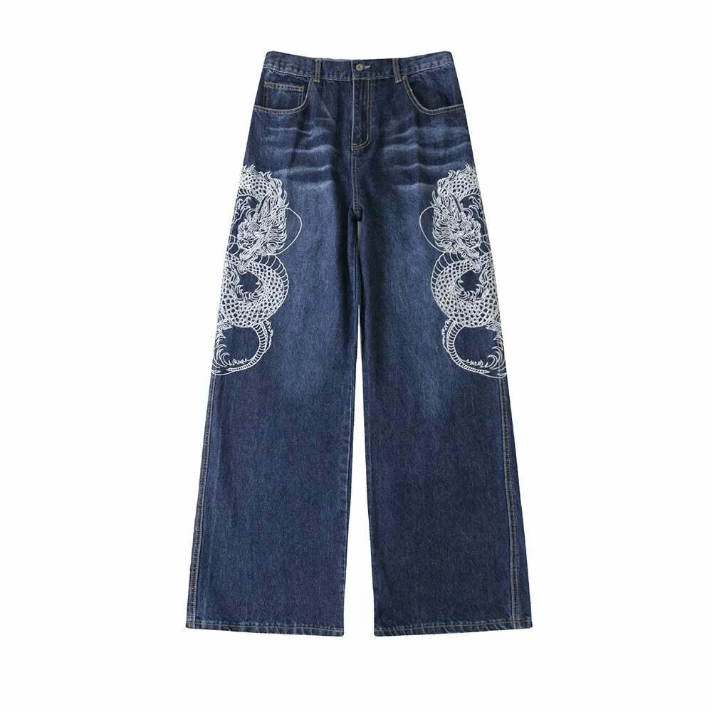 Y2K Grunge Embroidered Dragon Denim Jeans - Retro 90s Fashion, Summer Y2K Outfits