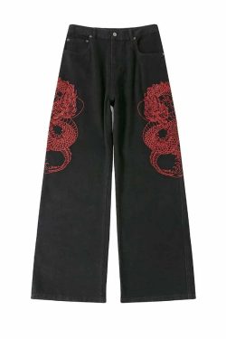 Y2K Grunge Embroidered Dragon Denim Jeans - Retro 90s Fashion, Summer Y2K Outfits