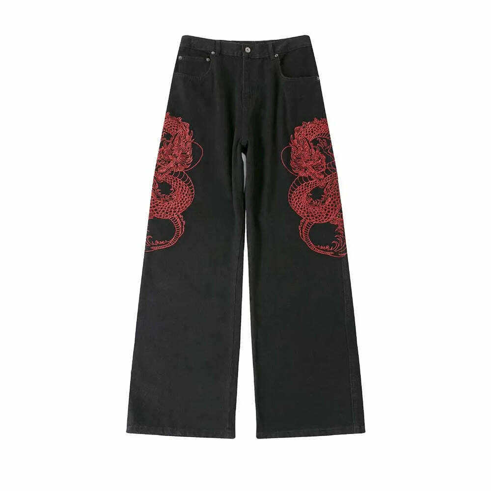 Y2K Grunge Embroidered Dragon Denim Jeans - Retro 90s Fashion, Summer Y2K Outfits