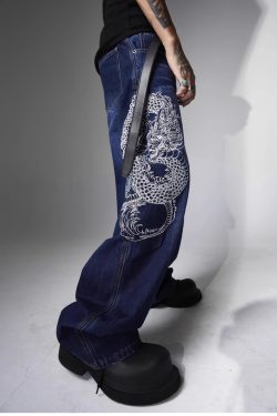 Y2K Grunge Embroidered Dragon Denim Jeans - Retro 90s Fashion, Summer Y2K Outfits