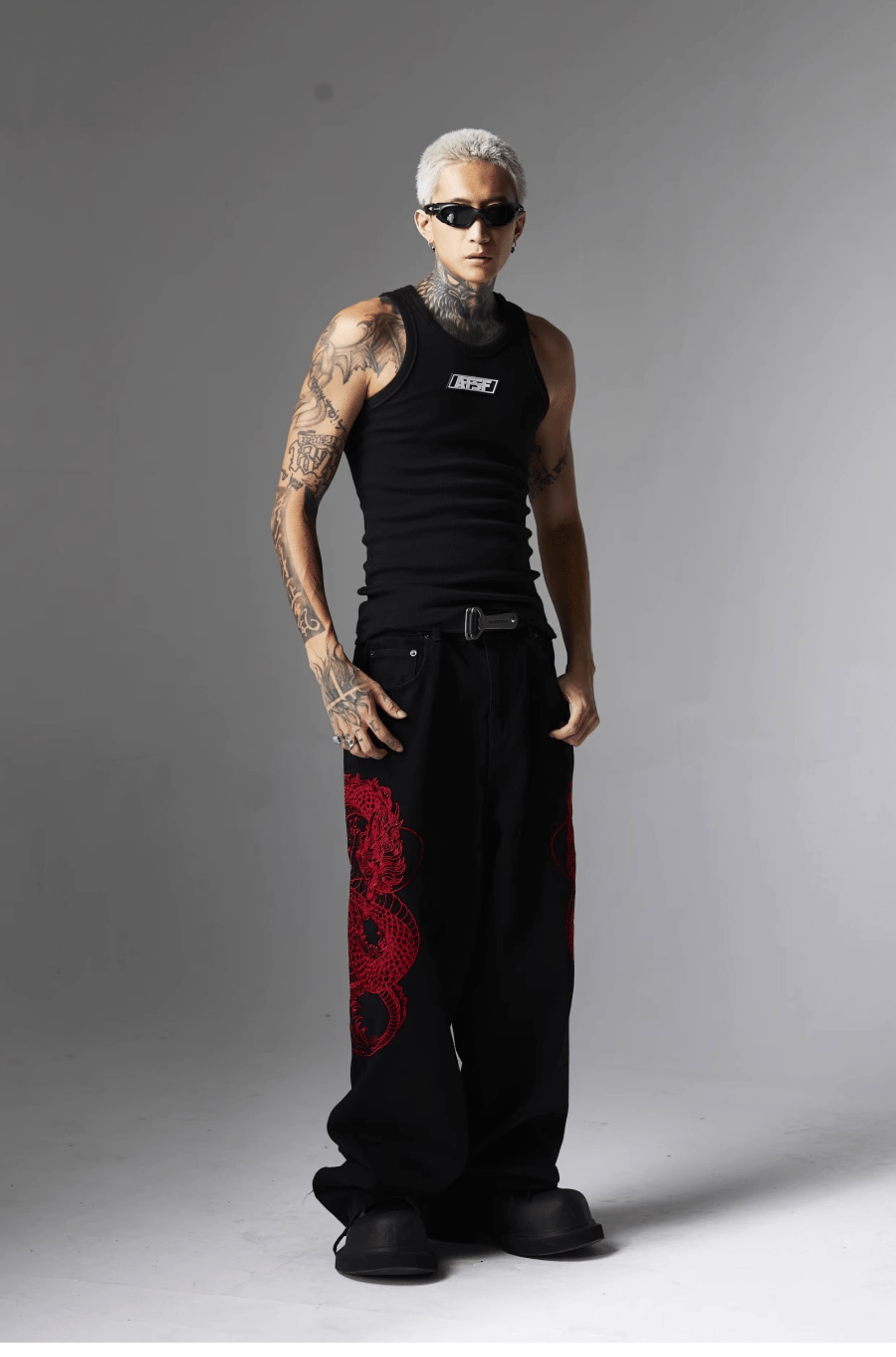 Y2K Grunge Embroidered Dragon Denim Jeans - Retro 90s Fashion, Summer Y2K Outfits