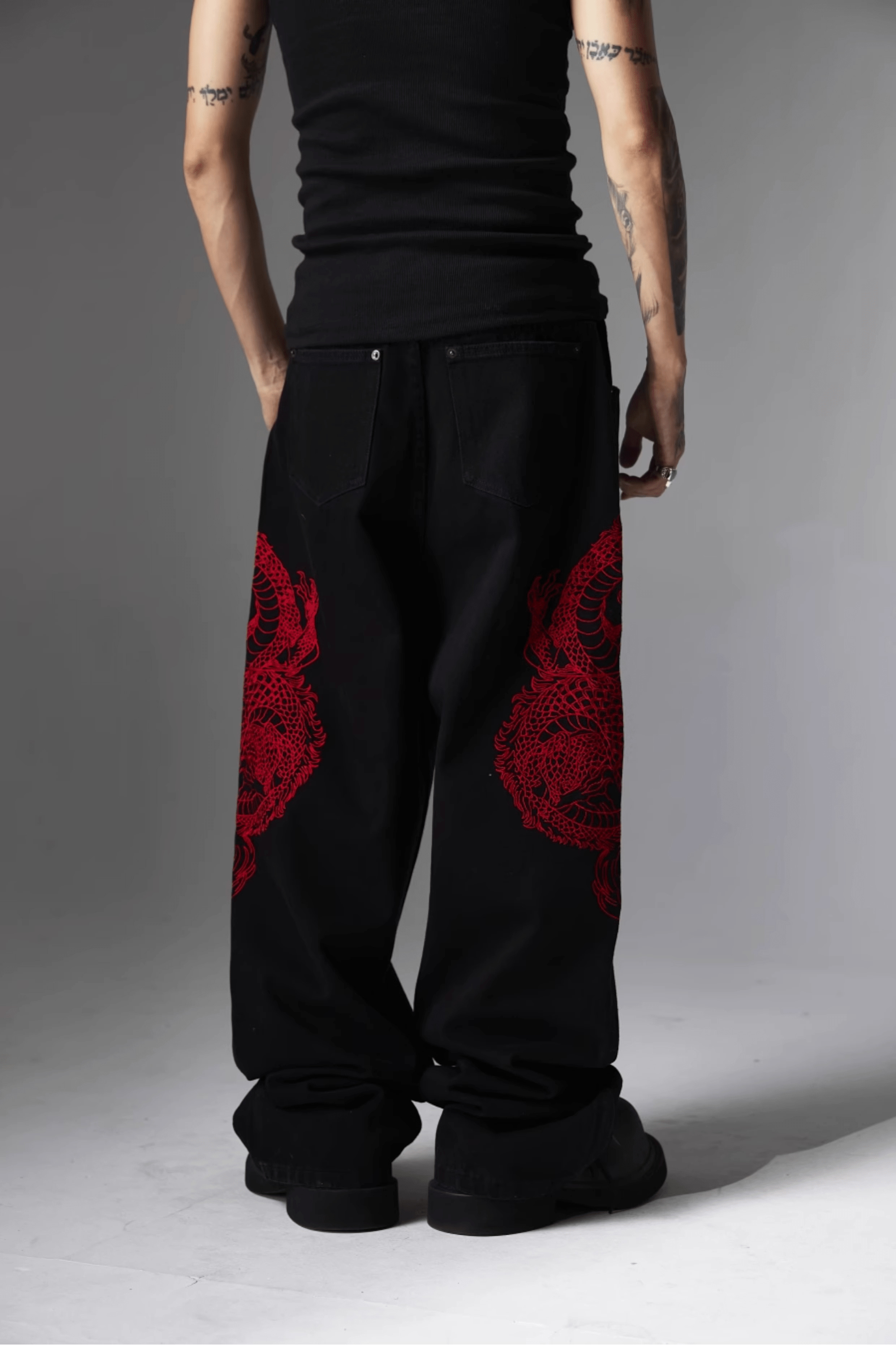 Y2K Grunge Embroidered Dragon Denim Jeans - Retro 90s Fashion, Summer Y2K Outfits