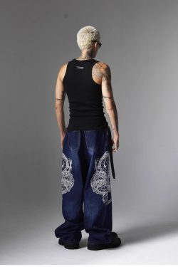 Y2K Grunge Embroidered Dragon Denim Jeans - Retro 90s Fashion, Summer Y2K Outfits