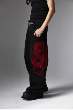 Y2K Grunge Embroidered Dragon Denim Jeans - Retro 90s Fashion, Summer Y2K Outfits