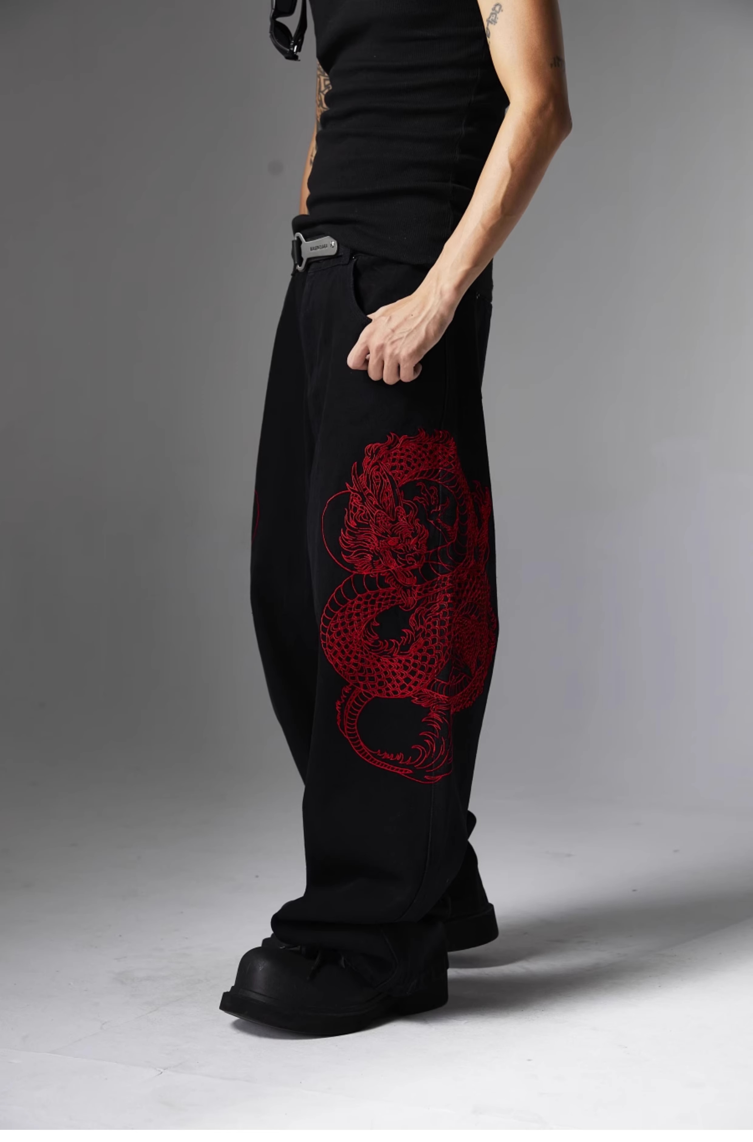 Y2K Grunge Embroidered Dragon Denim Jeans - Retro 90s Fashion, Summer Y2K Outfits