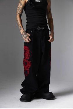 Y2K Grunge Embroidered Dragon Denim Jeans - Retro 90s Fashion, Summer Y2K Outfits