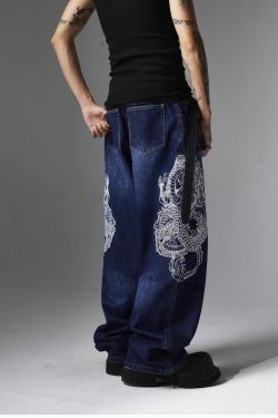 Y2K Grunge Embroidered Dragon Denim Jeans - Retro 90s Fashion, Summer Y2K Outfits
